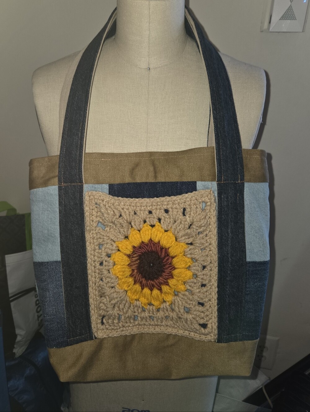 Handmade Sunflower Crochet Patch Tote Bag - Multicolor